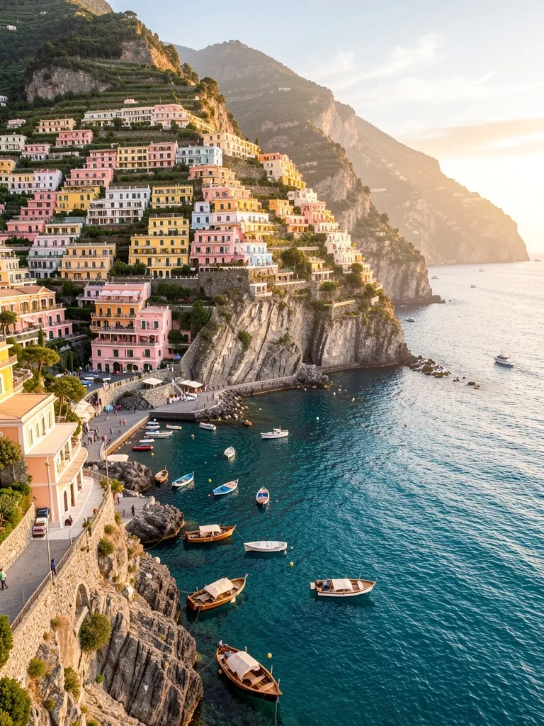 Amalfi kıyısında renkli evlerin denize baktığı manzara