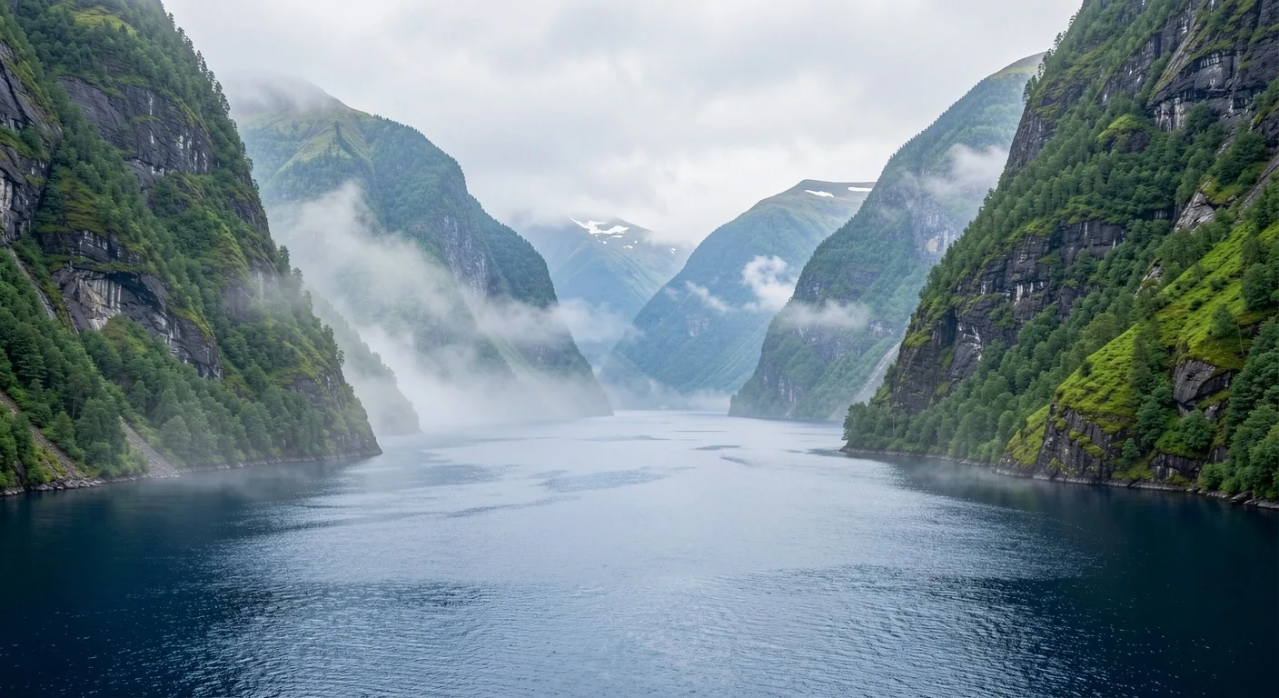 Norveç fiyortlarında yeşil kayalıklar ve durgun deniz